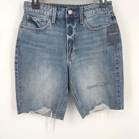 Lucky Brand Womens High Rise Bermuda Denim Jean Shorts Size 4 27 Frayed Hem - Picture 1 of 6